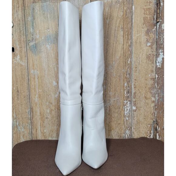STEVE MADDEN Padmy Knee High Leather Block Heel Boots Ivory sz 7.5 - Picture 2 of 11